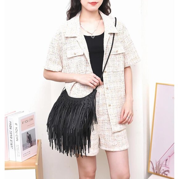 Crossbody Purse Faux Leather Tassel Small Boho Chic for Wedding Party - Picture 4 of 5